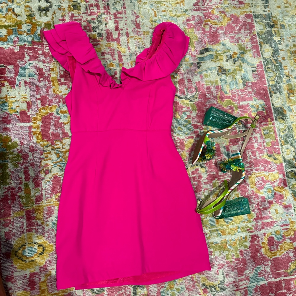 Fuchsia dress with ruffle detailing v-neck and shoulders !